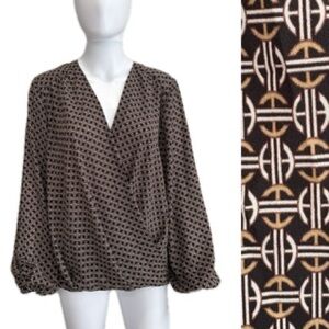 T Tahari Geometric Print Blouson Wrap Blouse Size Large Long Balloon Sleeve